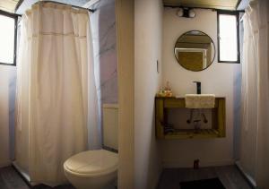 a bathroom with a toilet and a mirror at La Moderna in La Falda