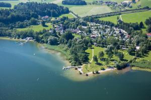 an aerial view of a small island in a lake at Stella's Holzchalet in Seekirchen am Wallersee