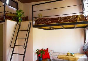 a bedroom with two bunk beds and a ladder at La Moderna in La Falda