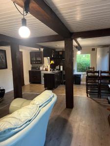 a living room with a couch and a kitchen at Pas Šerną in Macionys