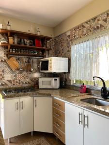 a kitchen with a sink and a microwave at Espaço Aconchego in Pomerode