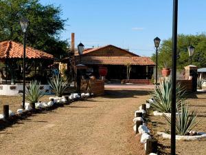 a dirt road leading to a building with potted plants at Villa Rancho el piñón in Ezequiel Montes