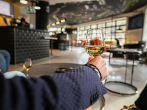 a person holding up a glass of wine at Ibis Styles Clermont-Ferrand République in Clermont-Ferrand