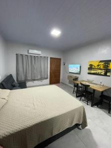 a bedroom with a bed and a desk and a television at Apartamento Açaí in Vilhena
