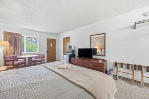 a bedroom with a large bed and a television at Eagle Motel Suite 226 in Manitou Springs