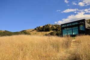 a glass house in a field of tall grass at Kahutara PurePod in Kaikoura