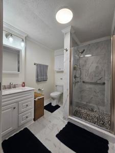 a bathroom with a shower and a toilet and a sink at Tiny Home with Grill Laundry Deck Desk in Phenix City +23 photos