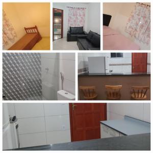 a collage of photos of a kitchen and a living room at Unamar Beach in Cabo Frio +6 photos