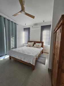 a bedroom with a bed and a ceiling fan at Adam Duplex in Cap Malheureux +26 photos