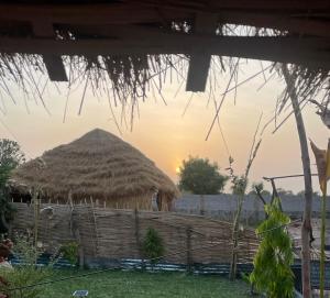 a hut with a straw roof with the sunset in the background at Marysa Lodge in Kotu