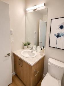 a bathroom with a sink and a toilet and a mirror at Perfect Brand New Condo Downtown Sidney in Sidney