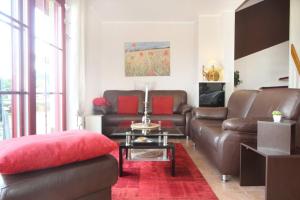 a living room with brown leather furniture and a red rug at Haus an der Wiek in Wohlenberg +42 photos