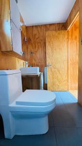 a bathroom with a white toilet and a sink at La Ritoqueña Hotel de Playa in Concón