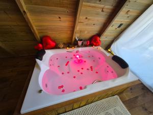 a pink cake sitting in a bed in a room at Chales Holanda in Pirenópolis +16 photos
