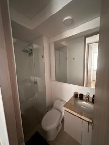 a bathroom with a toilet and a sink and a mirror at El paraíso in Gaira +6 photos