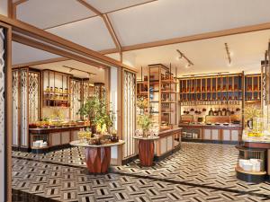 a rendering of a restaurant lobby with tables and plants at Avani Plus Lanexang Vientiane Hotel in Vientiane
