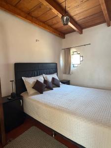 a bedroom with a white bed with a black headboard at Zoola Suites Antigua in Antigua Guatemala