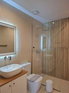 a bathroom with a toilet and a sink and a shower at Villa Eleni Apartment no3 in Agios Gordios +17 photos