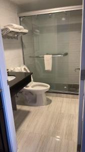 a bathroom with a toilet and a glass shower at Kluane Park Inn in Haines Junction +24 photos
