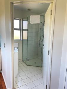 a bathroom with a shower with a glass shower stall at D'Archiac Studio in Lake Tekapo