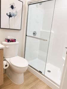 a bathroom with a shower and a toilet at Lovely Brand New Suite in Sidney +4 photos