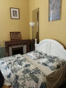 a bedroom with a bed with pillows and a fireplace at BB des 6 arcs"" in Coulonces
