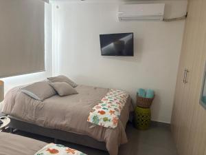 a bedroom with a bed and a tv on the wall at Relax Terrace Condo Near Coronado Beaches in El Creo +32 photos