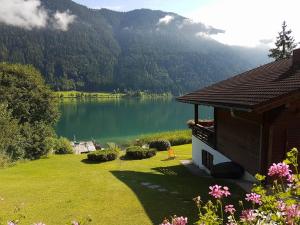 a house with a view of a lake and mountains at Chalets Zöhrer - Wohnen am Wasser in Weissensee