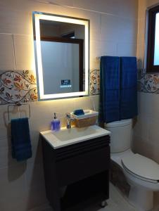 a bathroom with a sink and a mirror and a toilet at Cómodo departamento en Xochimilco in Mexico City
