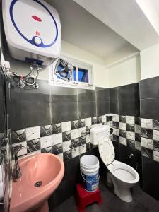 a bathroom with a pink sink and a toilet at Hotel Manimahesh Bharmour in Brāhmaur