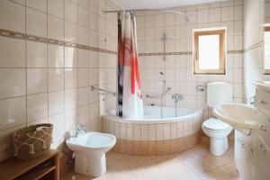 a bathroom with a tub and a toilet and a sink at Kmetija Pečnik in Prevalje
