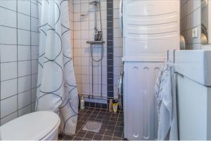 a small bathroom with a toilet and a shower at The Aspö Hideaway in Drottningskär +39 photos