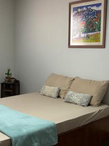 a couch with two pillows on it in a room at Rondon Sunset Belas Artes - 3Q - 3 salas - Sacada in Uberlândia