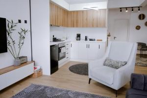 a living room with a chair and a kitchen at FOS Kastoria in Kastoria