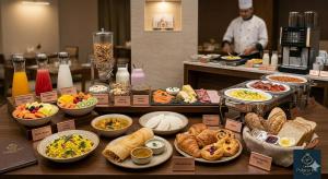 a buffet with different types of food on a table at Hotel Palace inn Agra in Tājganj