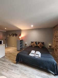 a bedroom with a large bed with two towels on it at L'aube de Pierre in Saint-Pons-de-Thomières