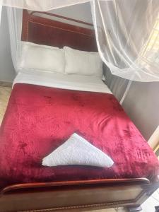 a bed with a red blanket on top of it at Zone hotel and guest house in Bugembe +2 photos