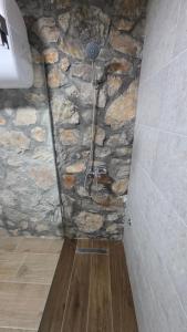 a shower in a bathroom with a stone wall at Mini Garden PREMIUM in Mojkovac