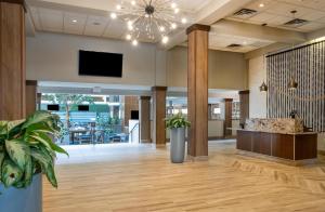 an office lobby with a potted plant and a tv at Embassy Suites by Hilton Minneapolis Bloomington Edina in Bloomington +86 photos