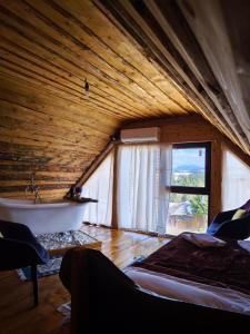 a bathroom with a tub and a bed in a room at Căsuța de la munte in Bistriţa