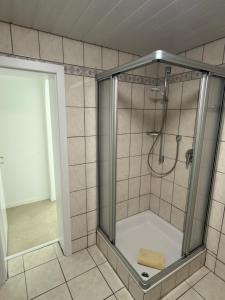 a shower with a glass door in a bathroom at Gästehaus Paulina in Cochem +72 photos