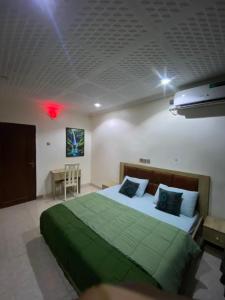 a bedroom with a large bed with a green blanket at PLV Apartment in Ilorin