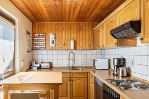a kitchen with wooden cabinets and a sink at Ferienhaus Eisfelder Blick in Eisfeld