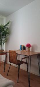 a desk with a chair and a table with flowers on it at Lua Beleza - 4 Bett Apartment Geiseltalsee in Mücheln +9 photos