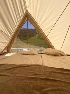 a tent with two beds in it with a view at Wiesn Relax Camping Steiner in Ranten +7 photos