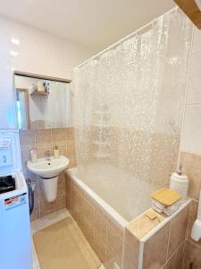 a bathroom with a bath tub and a sink at Home place in Louny +22 photos