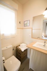 a bathroom with a toilet and a sink and a mirror at La Casa del Petirrojo de Ribamontan al Mar con Surf y Tranquilidad in Castanedo +4 photos