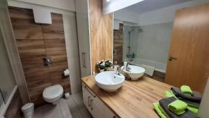 a bathroom with a sink and a toilet and a mirror at Riella Home in Szombathely