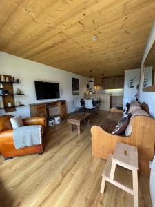 a living room with couches and a tv and a table at Chalet Les Combes in Notre-Dame-de-Bellecombe