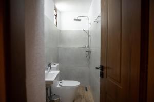 a bathroom with a toilet and a sink and a shower at Old Street Villa in Gjirokastër